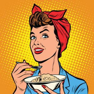 Woman with bowl of delicious cereal pop art retro vector. Mom cooks in the morning